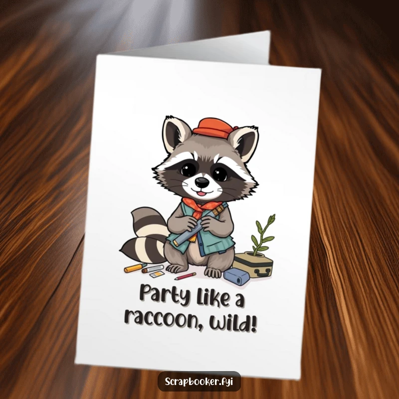 Funny Free Printable Birthday Card of a playful raccoon building a layered collage from diverse materials, celebrating uniquely.