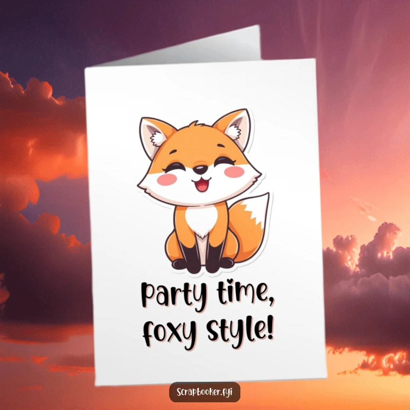 Funny free printable birthday card showing a fox with a delighted expression gluing decorative paper, a joyful birthday craft.