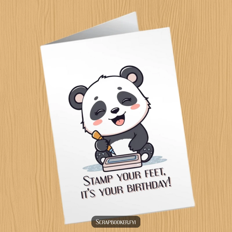 Funny Free Printable birthday card: a giggling panda stamps a pattern with a small ink pad, delivering a joyful birthday message.