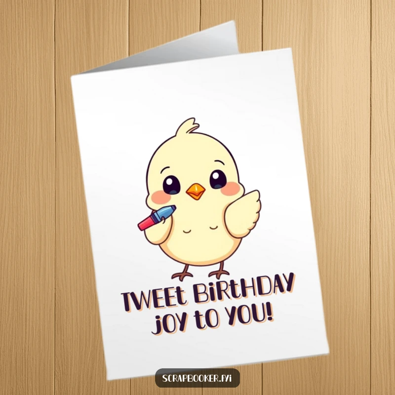 Funny Free Printable Birthday Card: A tiny bird artfully adds details with a colorful pen, creating a cute DIY card.