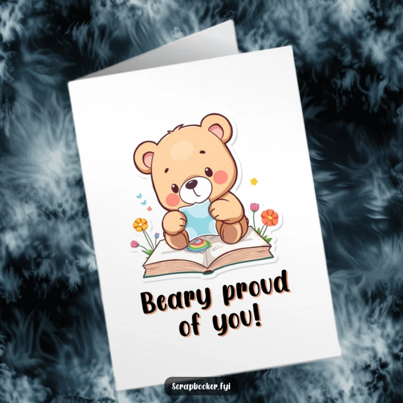 Funny free printable congratulations card showing a bear carefully placing a sticker on a colorful page, a cute and encouraging download.