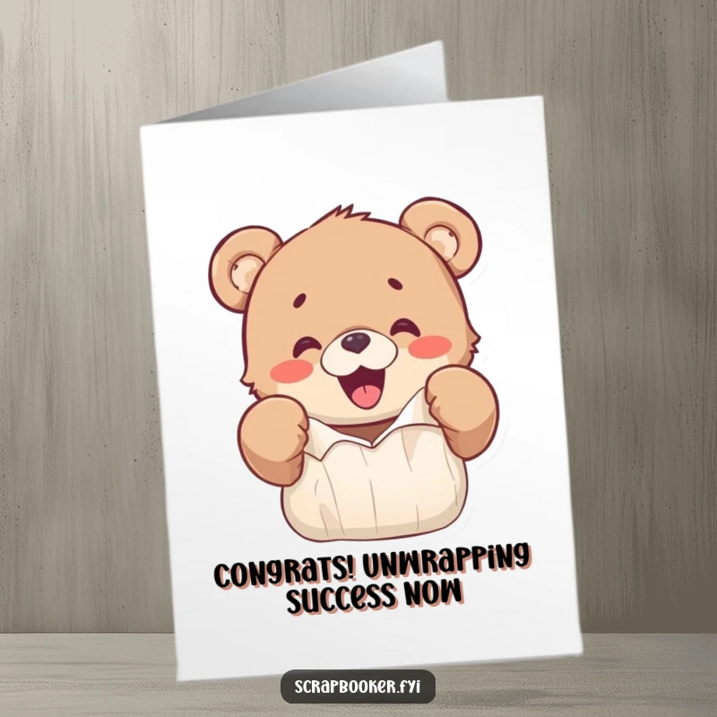 Funny Free Printable Bear Cub Congrats Card: Excited bear cub ripping paper, celebrating achievements with wild, humorous glee.