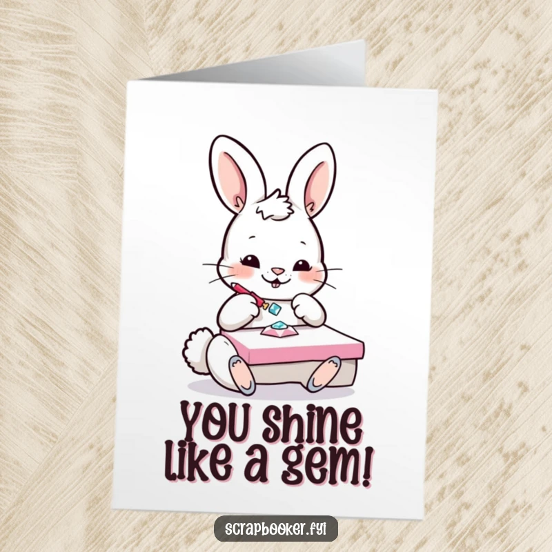 Funny Free Printable Congratulations Card: Playful bunny meticulously gluing a sparkling gem onto a craft project, celebrating achievements. Downloadable.