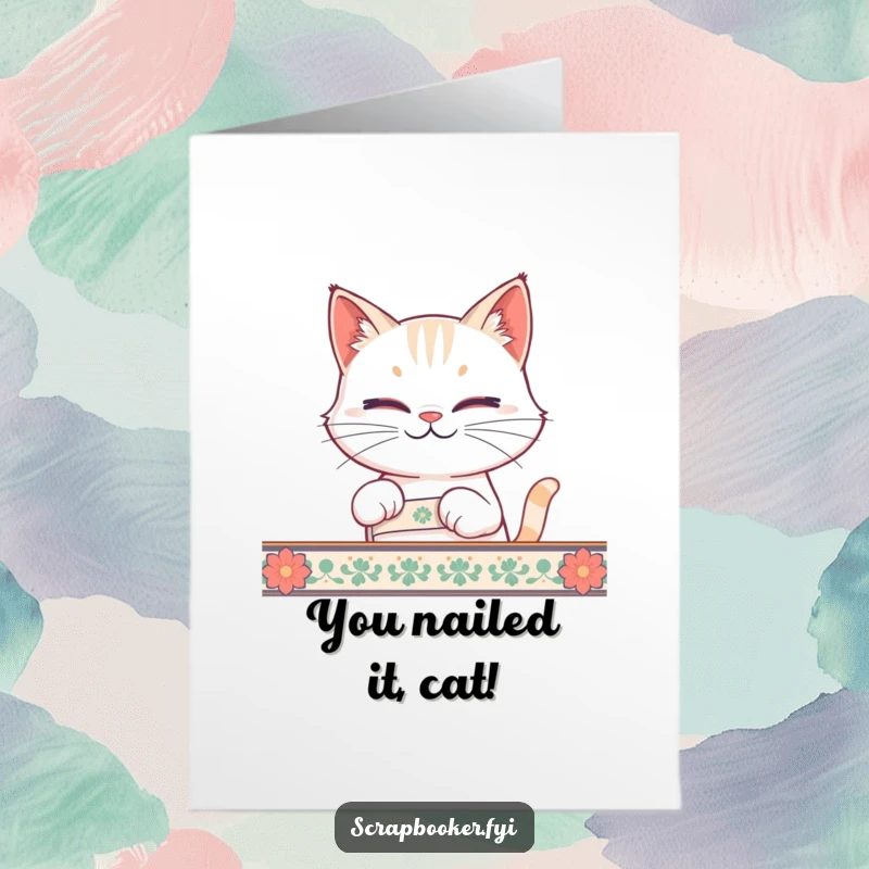 Funny Free Printable Congrats Card: Smirking cat carefully peels tape from a decorative strip, celebrating a win.