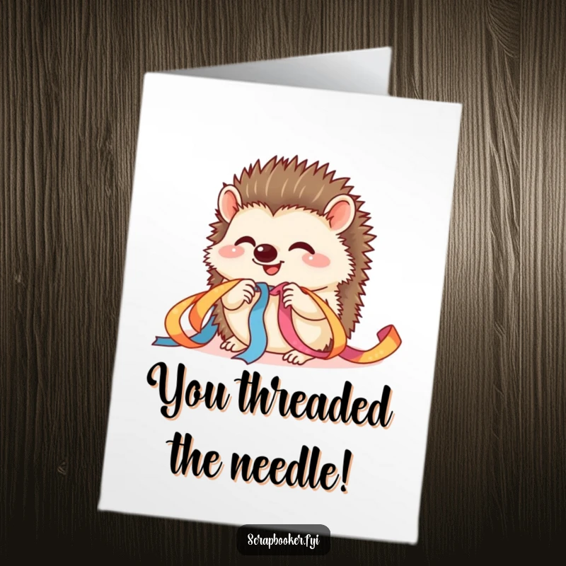 Funny Free Printable Congrats Card: Giggling hedgehog carefully threads colorful ribbon, celebrating achievements.