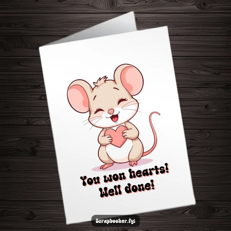 Free Printable Congratulations Card: A giggling mouse is busy drawing a small, perfect heart with a colored pencil, celebrating an occasion.