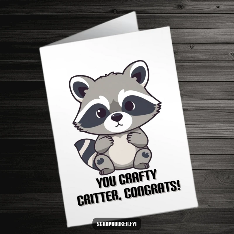 Funny Free Printable Congratulations Card: A curious raccoon meticulously cutting a paper silhouette, celebrating achievements with artistic flair.