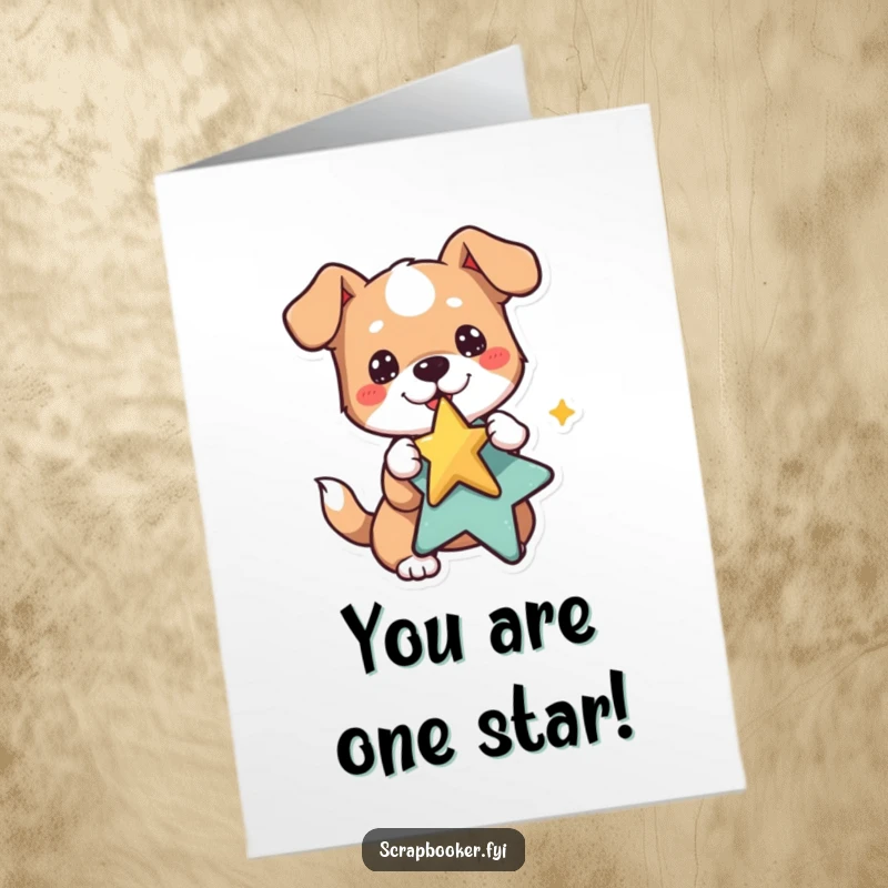 Free printable congratulations card showing a delighted dog pasting a star sticker, celebrating a job well done. Yay!