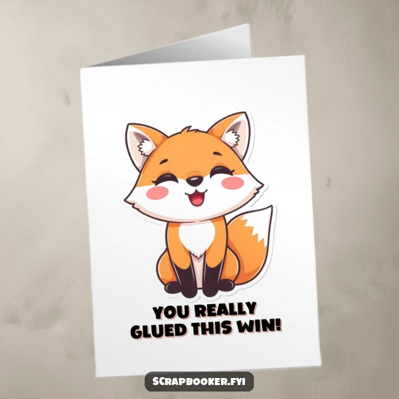 Funny free printable congratulations card with a delighted fox gluing decorative paper, a joyful and unique celebration download.