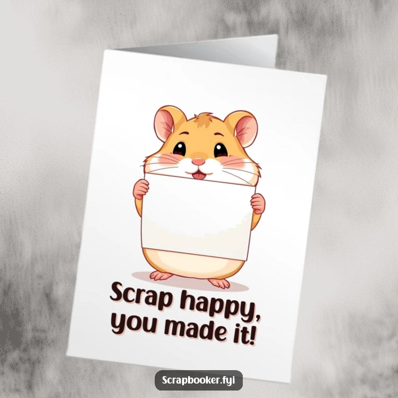 Funny Free Printable Congratulations Card: A proud hamster proudly displays a completed scrapbook page, beaming with accomplishment.