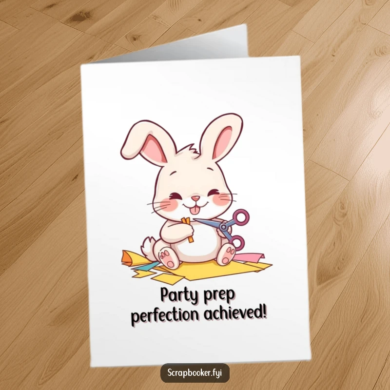 Funny Free Printable Congrats Card: Cheerful bunny cutting paper with tiny scissors, celebrating success. Downloadable art.