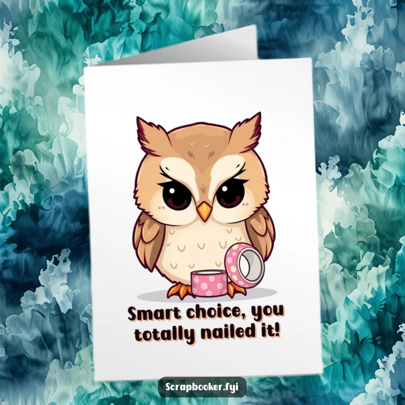 Funny Free Printable Owl Card: A curious owl focused on patterned tape, perfect for congratulating new achievements.