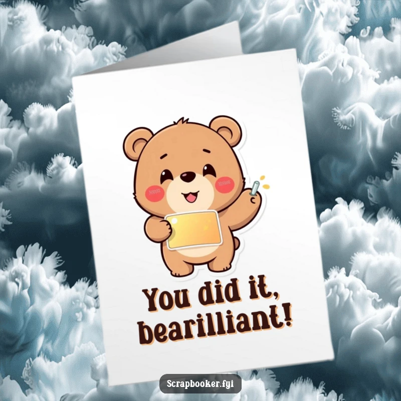 Funny Free Printable Congratulations card with a cheerful bear meticulously placing a shiny sticker, symbolizing achievement.