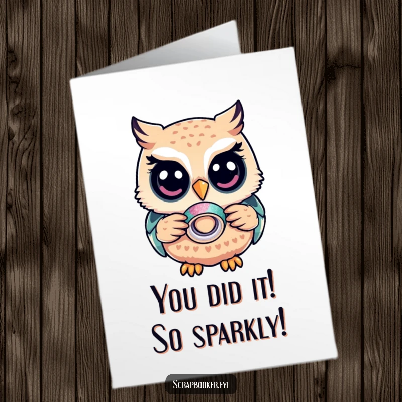 Free Printable Congratulations Card: A wise owl contentedly holds a small roll of glitter tape, celebrating a successful achievement with sparkle.