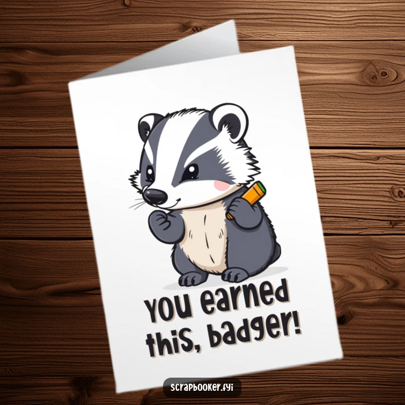 Funny Free Printable Congratulations card showing a determined badger writing with a bright crayon, boldly stating success.