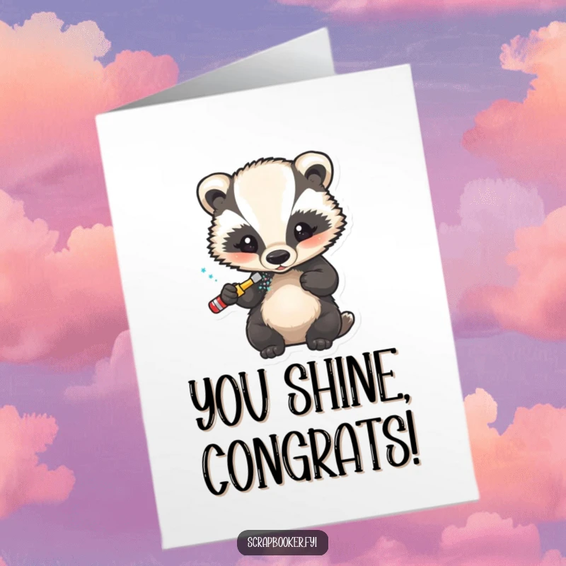 Funny Free Printable Congratulations Card: A little badger meticulously applying glitter to a design, celebrating achievements with sparkle.
