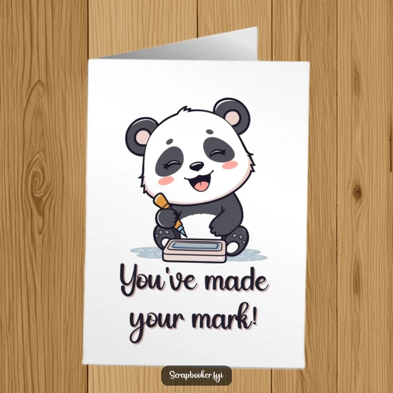 Free Printable congratulations card: a giggling panda stamps a pattern with a small ink pad, celebrating achievements with playful glee.