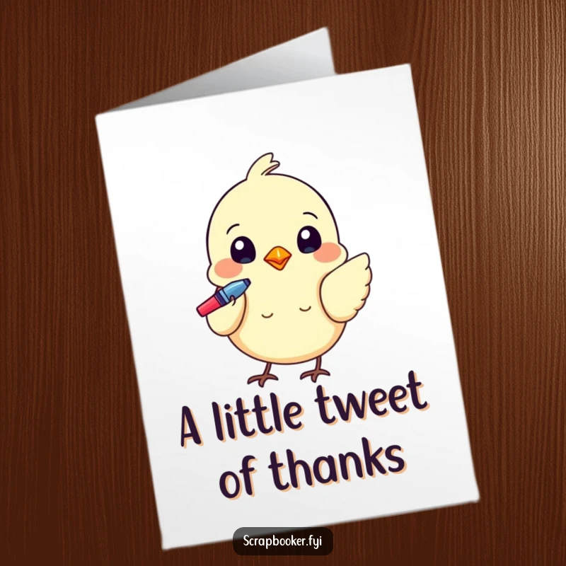 Funny Free Printable Thank You Card: A tiny bird uses a colorful pen to add intricate details to a DIY card.