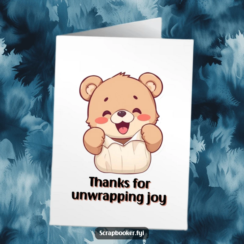 Funny Free Printable Bear Cub Thank You Card: Excited bear cub ripping paper, expressing enthusiastic, humorous thanks.