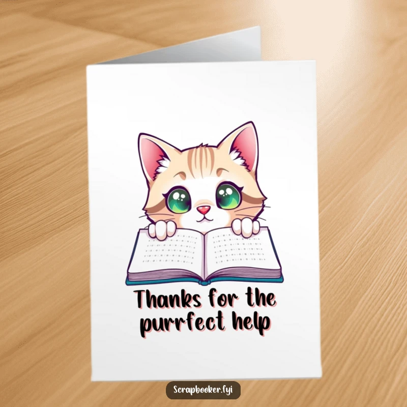 Funny free printable thank you card featuring a curious cat peeking with wide, satisfied eyes at completion.