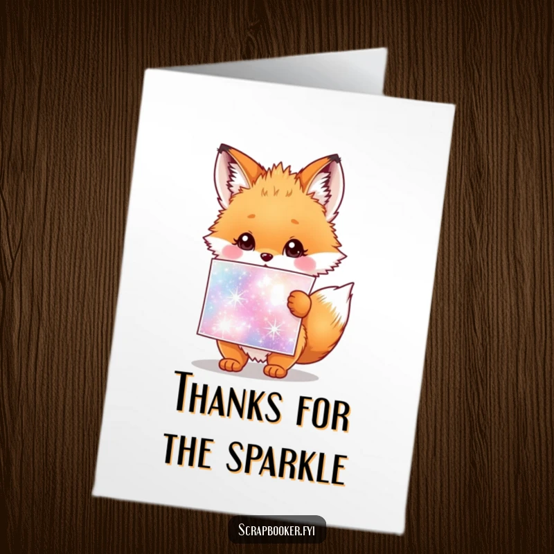 Cute Free Printable Fox Cub Thank You Card: Fluffy cub holding a giant sparkly sticker sheet, expressing sweet, funny thanks.