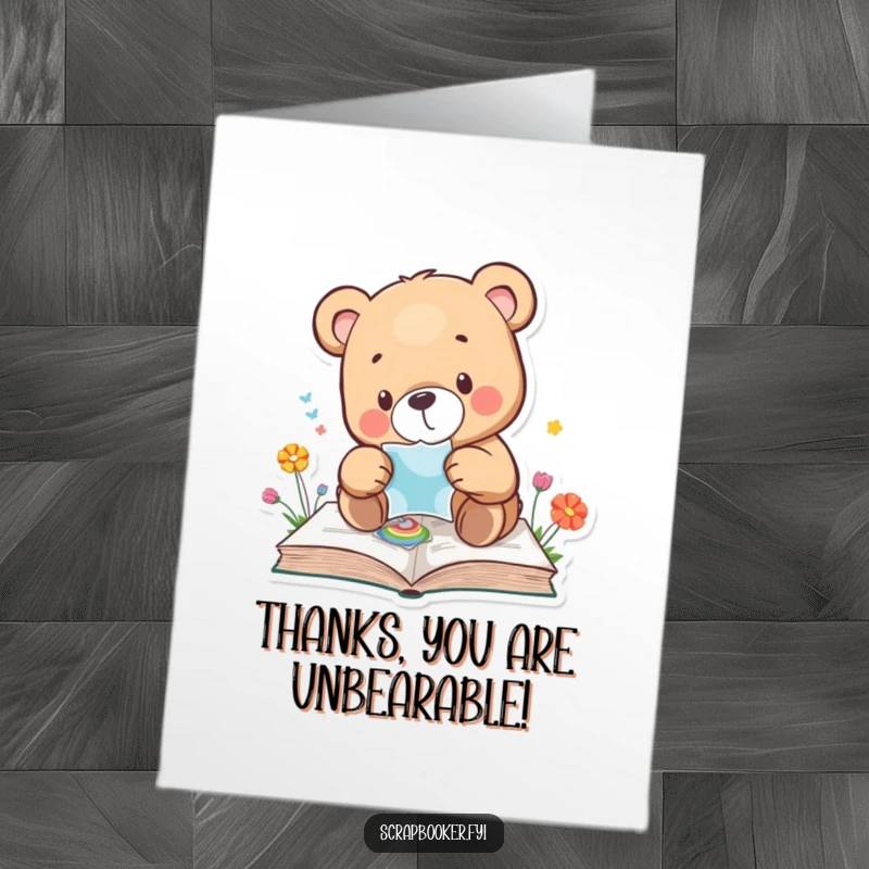 Funny free printable thank you card of a bear carefully placing a sticker on a colorful page, a charming gesture of thanks.