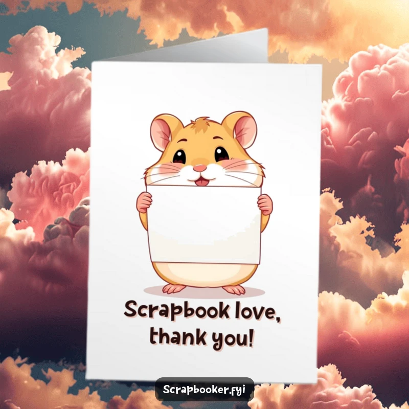 Funny Free Printable Thank You Card: A proud hamster proudly holds up a scrapbook page, showcasing their crafting skills.