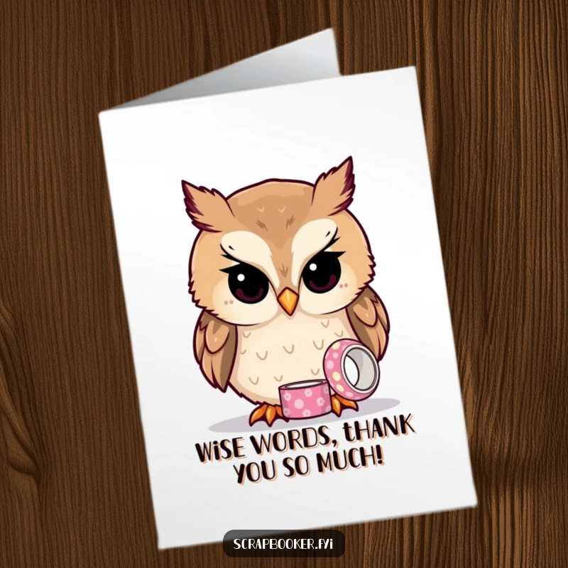 Funny Free Printable Owl Card: An owl engrossed with a roll of patterned tape, a quirky thank you message.