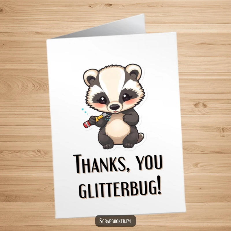 Funny Free Printable Thank You Card: A little badger carefully adding glitter to a design, a DIY expression of thanks.