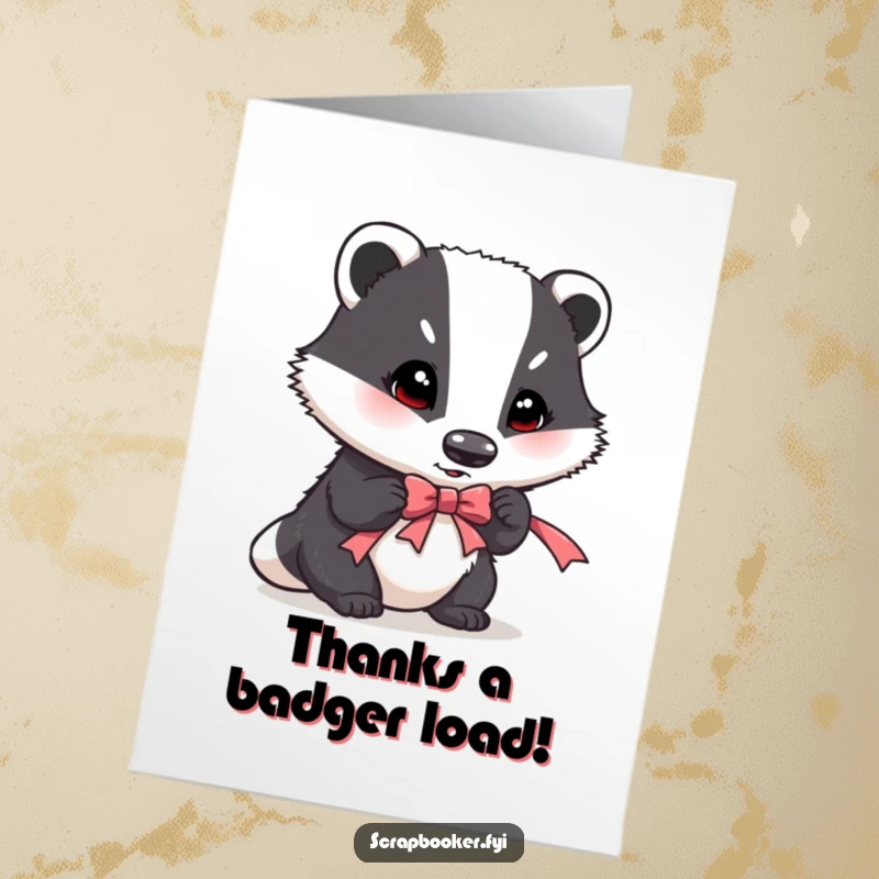 Funny Free Printable Thank You Card: A determined badger carefully places a ribbon, a humorous DIY gesture of gratitude.
