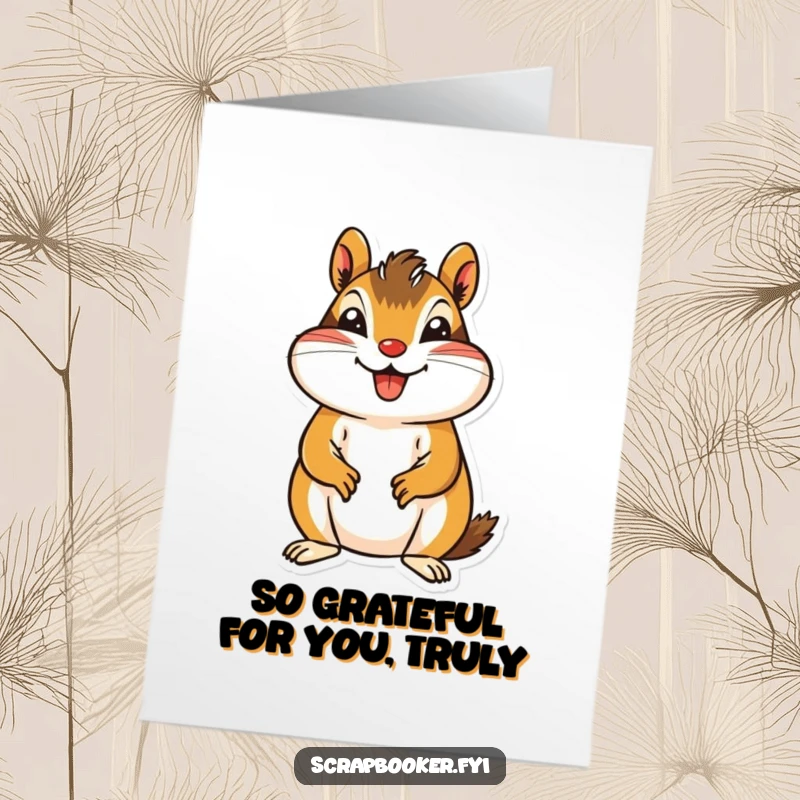 Funny Free Printable Thank You Card: A jovial chipmunk cutting a patterned paper shape as a token of thanks.