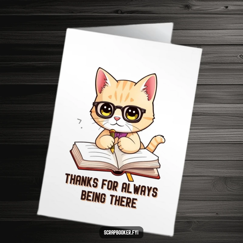 Funny Free Printable Thank You Card: A cat adorably marking a page with a fancy bookmark to say thanks.
