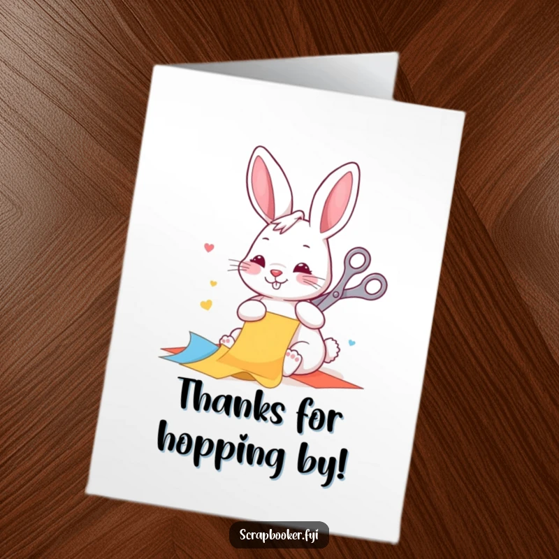 Funny Free Printable Thank You card with a happy rabbit cutting paper, conveying heartfelt gratitude with a humorous touch.