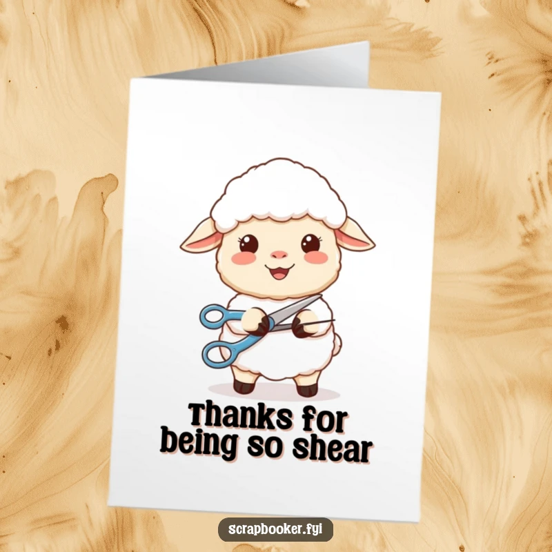 Funny Free Printable Thank You Card: A content sheep smiles as it perfectly cuts a curve with scissors, expressing gratitude.