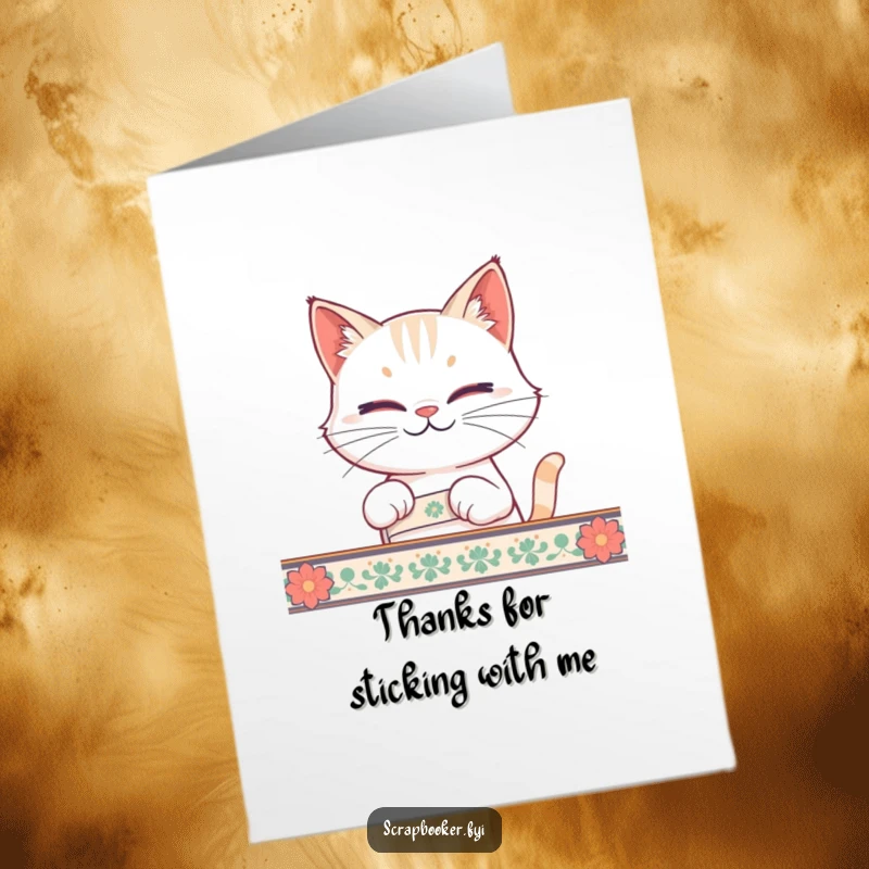 Funny Free Printable Thank You Card: Smirking cat carefully peels tape from a decorative strip, showing thanks.