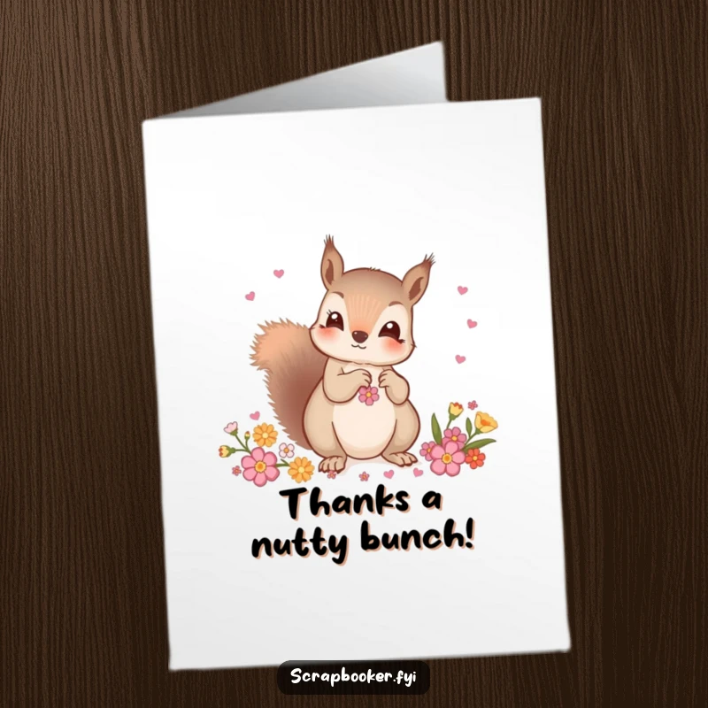 Funny Free Printable Thank You card depicting a curious squirrel carefully choosing decorative embellishments, conveying thoughtful appreciation.