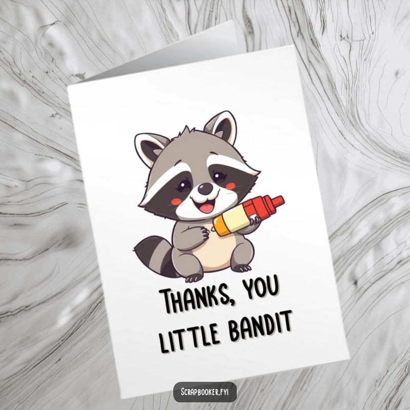 Funny Free Printable thank you card: a mischievous raccoon grins widely while using a glue stick, expressing thanks playfully.