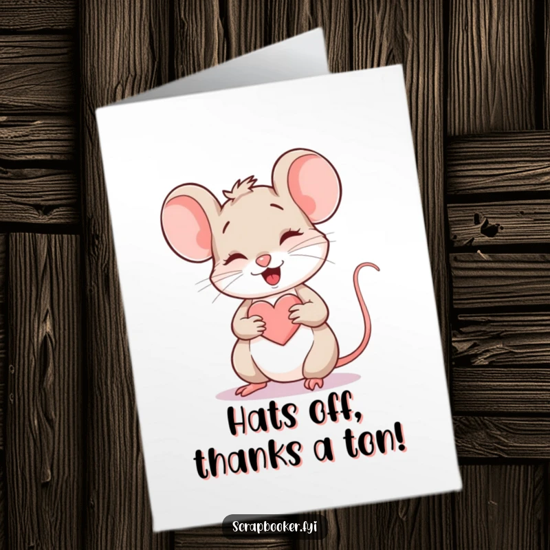 Funny Free Printable Thank You Card: A happy, giggling mouse draws a little heart with a colored pencil, conveying sincere thanks.