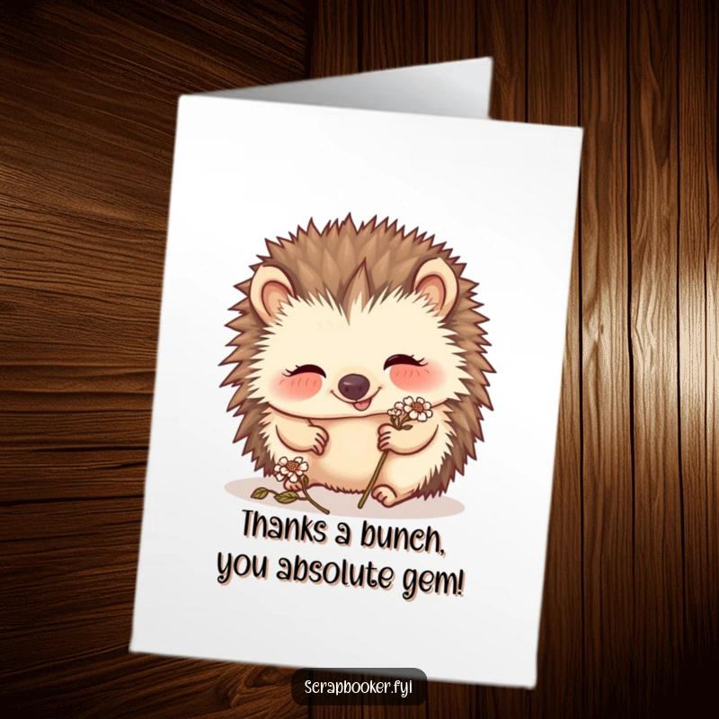 Funny Free Printable Thank You Card with a giggling hedgehog carefully placing a tiny dried flower, showing appreciation.