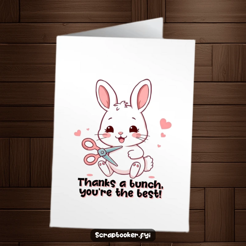 Funny Free Printable Bunny Card: A cheerful bunny using scissors to make a thank you note, a downloadable surprise.