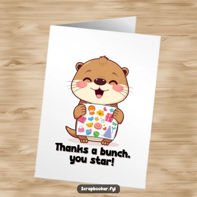 Funny free printable thank you card: a cheerful otter holding a sticker sheet, filled with anticipation.