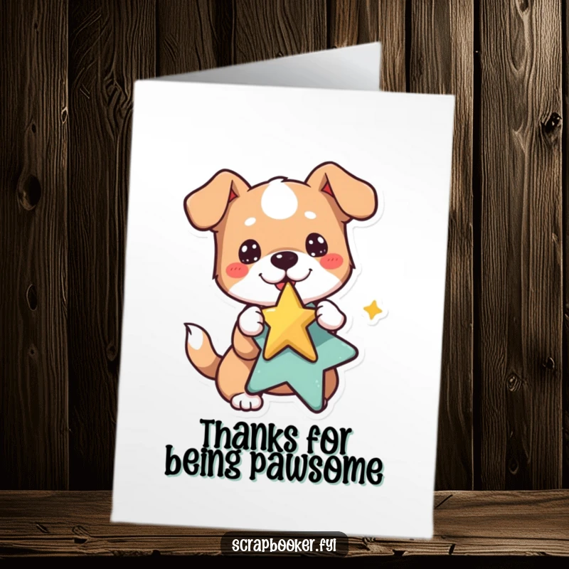 Funny free printable thank you card of a playful dog carefully pasting a star sticker. So proud!