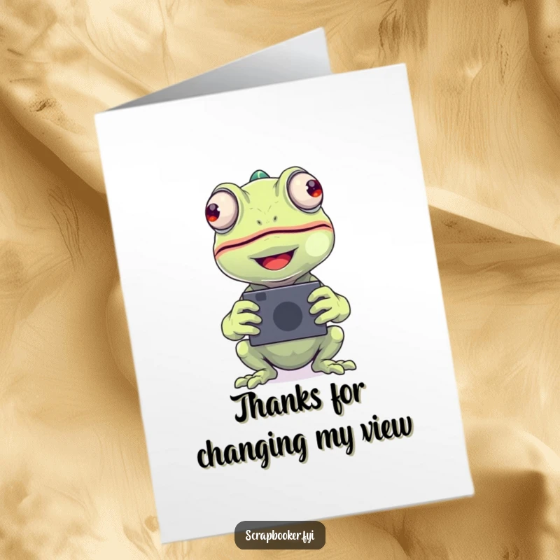 Funny Free Printable Thank You Card: Beaming chameleon happily places a photograph, showing thanks.