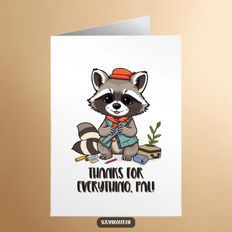 Funny Free Printable Thank You Card: A playful raccoon crafts a layered collage, conveying thanks artistically.