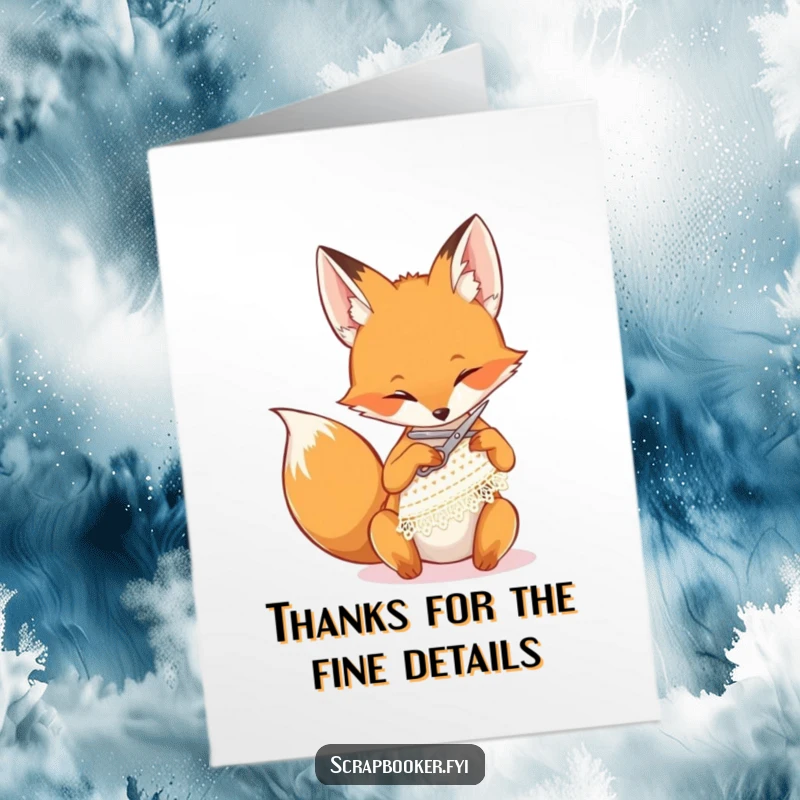 Funny Free Printable Thank You Card: A clever fox humorously snips lace, perfect for a quirky thank you note.
