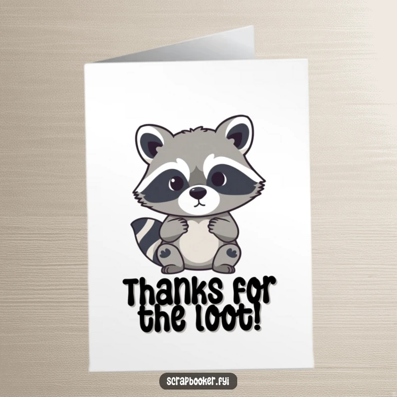 Funny Free Printable Thank You Card: A curious raccoon skillfully cutting a detailed paper silhouette, a DIY expression of gratitude.