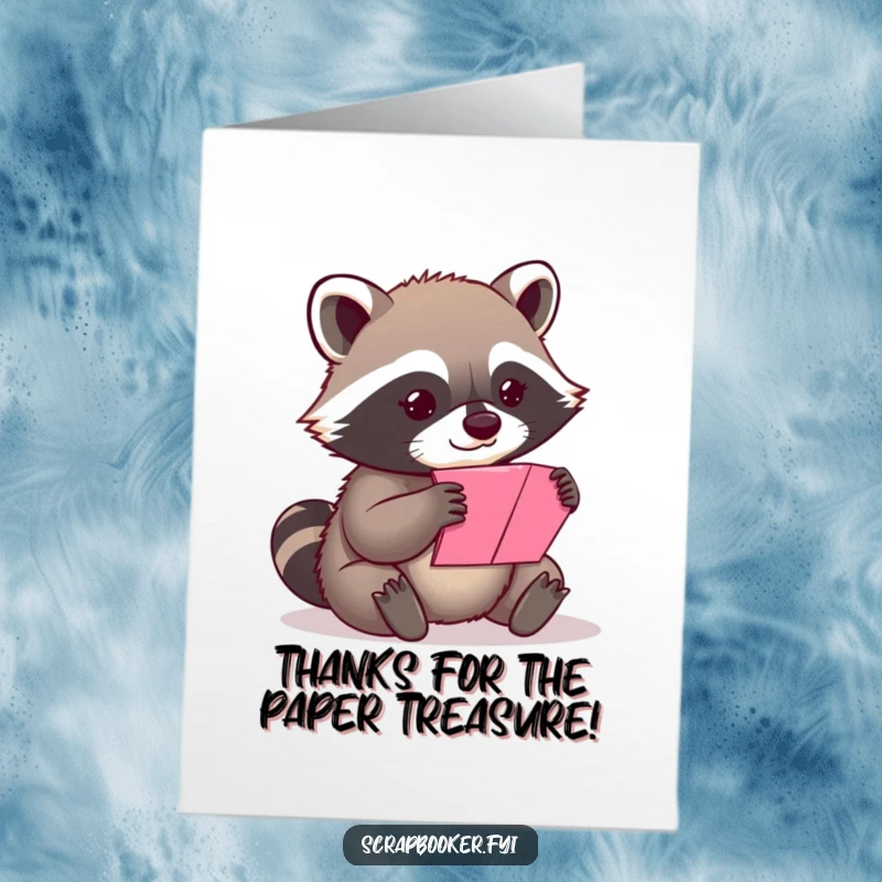Funny Free Printable Thank You Card: A content raccoon carefully folds a vibrant piece of paper, conveying quiet gratitude.