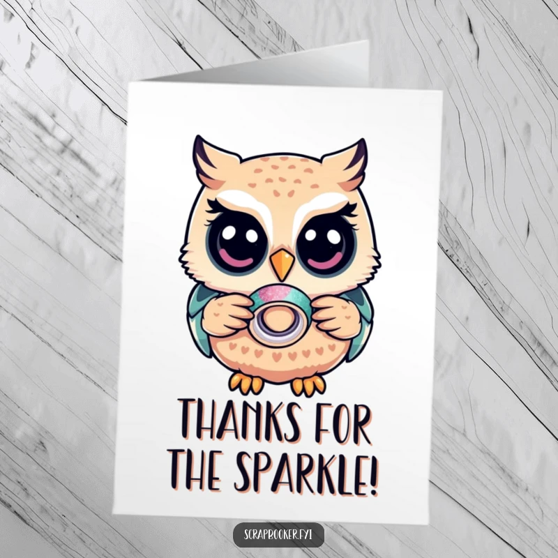 Funny Free Printable Thank You Card: A content owl holds a roll of glitter tape, offering thanks with a wise and shimmering expression.