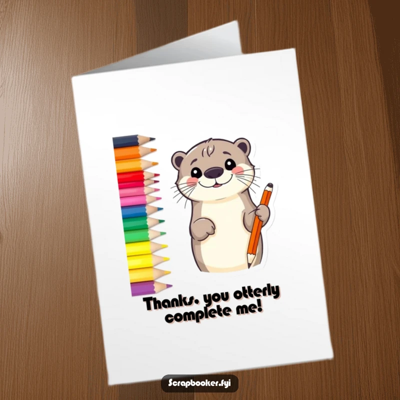 Cute free printable thank you card: A smiling otter sketching a vibrant border with a colored pencil, perfect for a unique thank you.