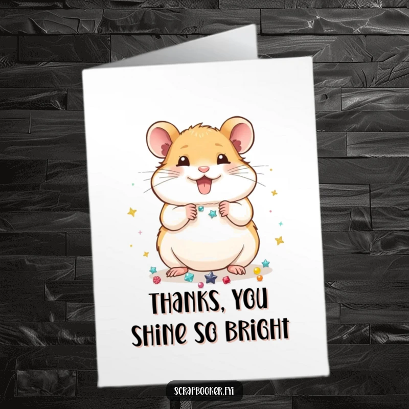Funny Free Printable Thank You Card: A contented hamster cheerfully arranging small, shiny objects, adding a touch of sparkle to a thank you message.